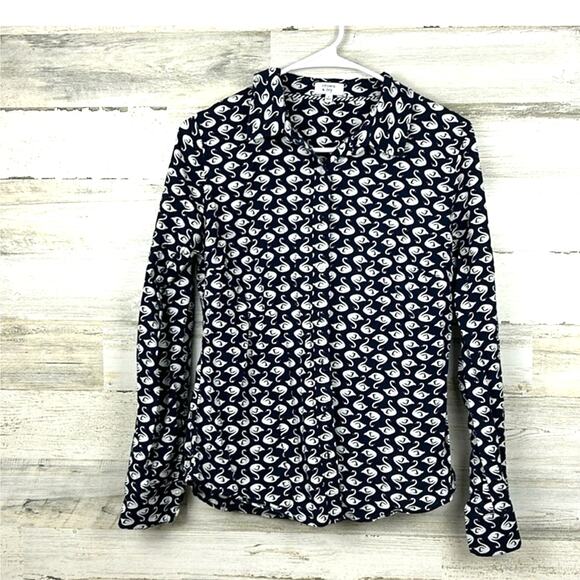 Crown & Ivy Women’s Small Navy Blue Swan Print Long Sleeve Button-Up Blouse - Picture 1 of 7